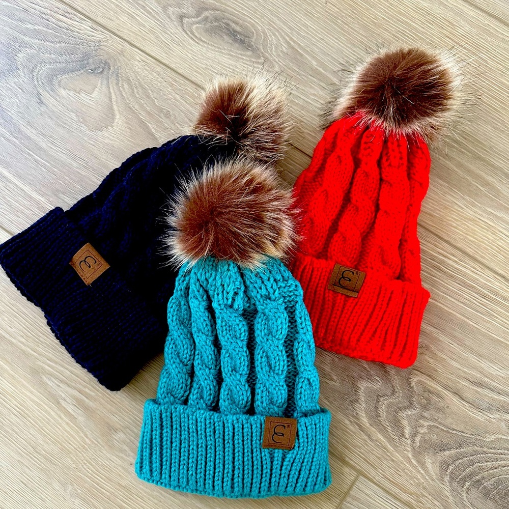 Knitted with Fur Pom Winter Hats Set of 3